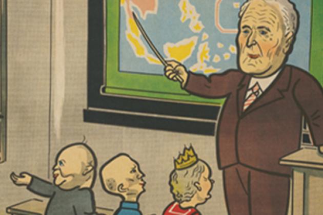 Japanese kamishibai card illustration showing President Roosevelt teaching a class of world leaders using a map of Southeast Asia.