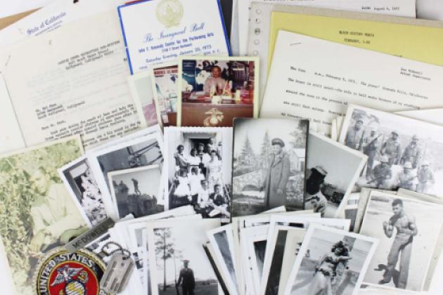 Collage of photos papers ephemera of Leo McDowell collection