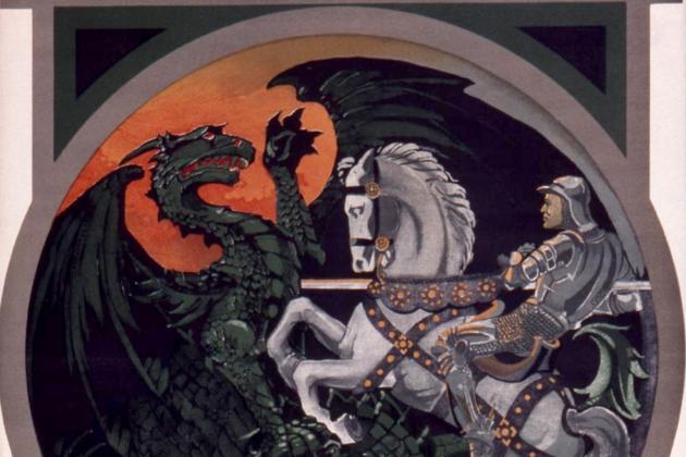Poster Collection UK 184 showing a knight on a white horse slaying a dragon surrounded by the text "Britain Need You At Once"