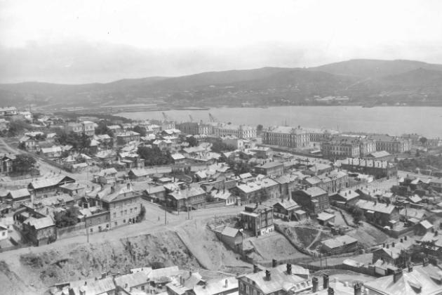 Black and white aerial photo of Vladivostok city in Russia