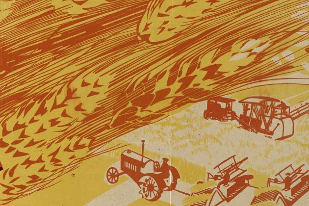 close up of poster showing tractors and grain harvest