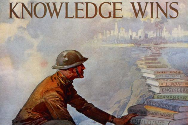 Knowledge Wins soldier climbing a stack of books