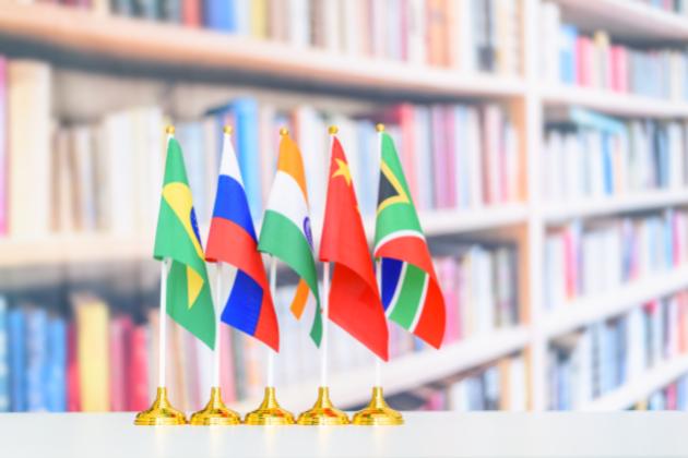 Flags of BRICS or group of five major emerging national economy i.e Brazil, Russia, India, China, South Africa. BRICS members are all leading developing countries.