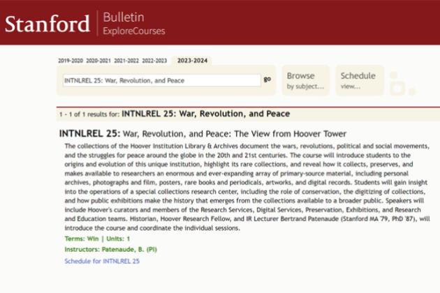 image of Stanford Course catalog featuring INTNLREL 25