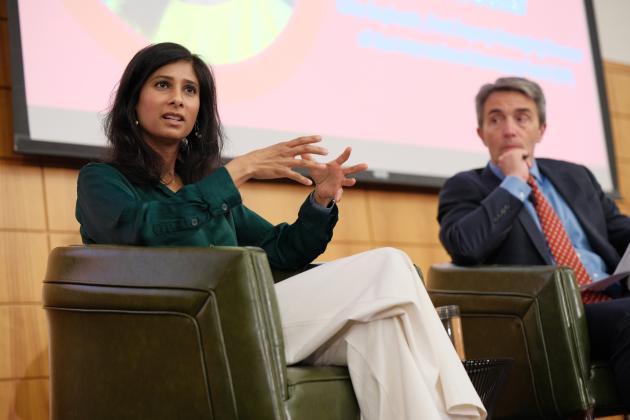 IMF First Managing Deputy Director Gita speaks about risks to global trade and the eroding dominance of the US dollar at Stanford University on May 7, 2024. (Ryan Zhang)