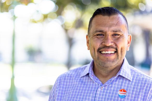 Mexican Man with I voted Sticker stock photo
