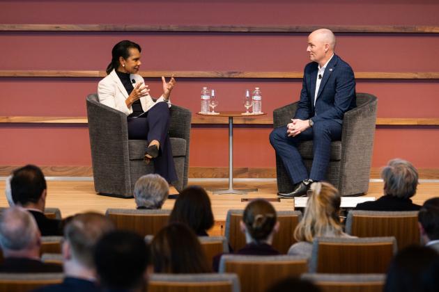 Hoover Institution Director Condoleezza Rice and Utah Governor Spencer Cox speak at the iCivics Civic Learning Week National Forum at the Hoover Institution on March 13, 2025. (Patrick Beaudouin)