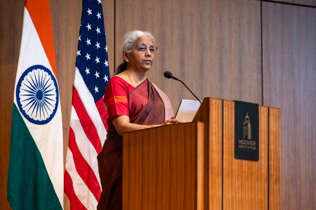 Indian Finance Minister Nirmala Sitharaman speaks about India’s modernization efforts in Hauck Auditorium on April 21, 2025. (Patrick Beaudouin)