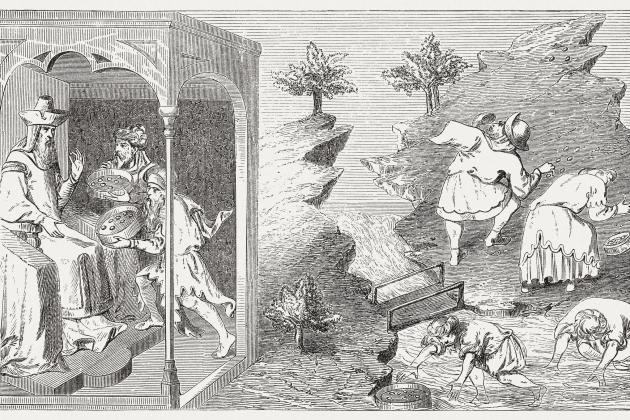 Kublai Khan (1216-1294) and pearl fishers, wood engraving, published in 1888 stock illustration