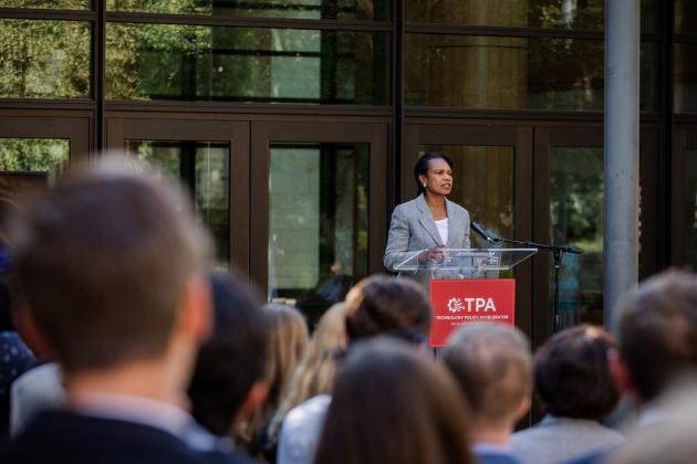 Hoover Institution Director Condoleezza Rice speaks at the launch of the Technology Policy Accelerator in Hoover’s Fairweather Courtyard on June 16, 2025. (Patrick Beaudouin)