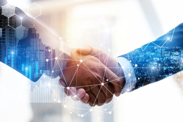 Business Partnership. business man investor handshake with effect global network link connection and graph chart of stock market graphic diagram, digital technology, internet and partnership concept stock photo