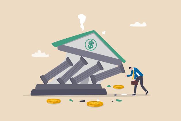 Banking collapse or bank run, financial crisis or bankruptcy problem, stock market crash or credit risk, failure or investment failure concept, frustrated businessman look at collapsing bank building. stock illustration