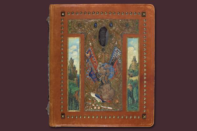 Purple background with title in cream above a leather bound photo album covered in paintings, metalwork, and jewels. Gajda Album