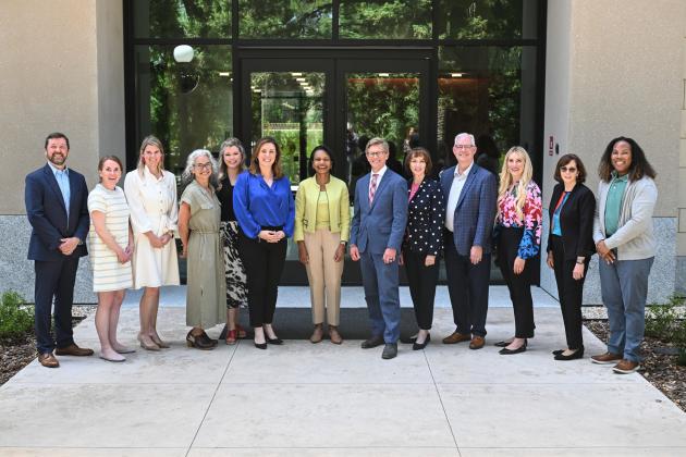 State education chiefs pose for a photo with Hoover Institution Director Condoleezza Rice on May 15, 2025. (Rod Searcey)