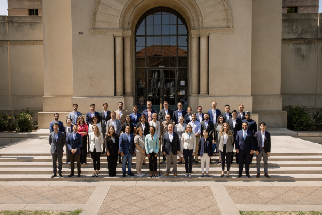 The 2025 cohort of Hoover Institution International Seminar participants are seen outside Hoover Tower with Condoleezza Rice and H.R. McMaster (center) on June 23, 2025. (Patrick Beaudouin)