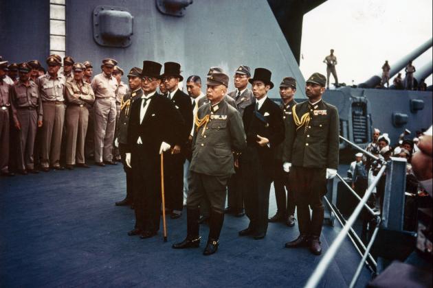 The surrender of Japan ceremony takes place aboard the battleship USS Missouri in Tokyo Bay, Japan, Sept. 2, 1945. Credit: Army VIRIN: 450902-O-ZZ999-001C