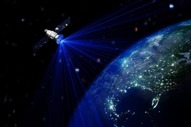 Satellite In Space Station Orbiting Earth stock photo