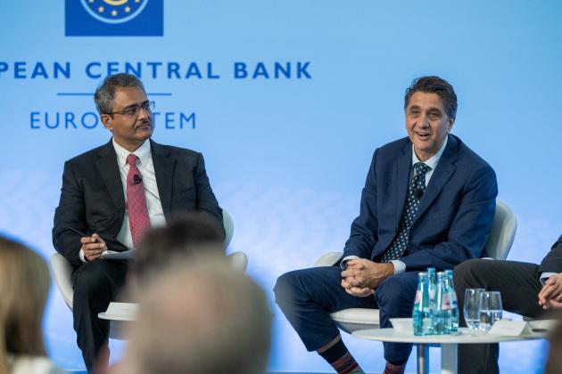 Senior Fellow Amit Seru (left), co-director of Hoover's Financial Regulation Working Group, chairs a panel on non-bank financial intermediaries, including Nicola Cetorelli (right), head of financial intermediation at the Federal Reserve Bank of New York. Photo credit: Andrej Hanzekovic/ECB