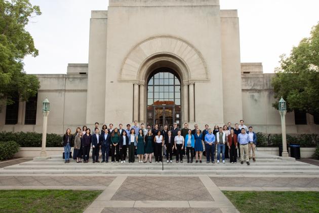 Participants in the annual Hoover Remote Work conference are seen before Hoover Tower on October 22, 2025. (Patrick Beaudouin)