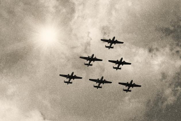 WW2 Mitchell B-25 Medium Bombers flying in V-Formation stock photo