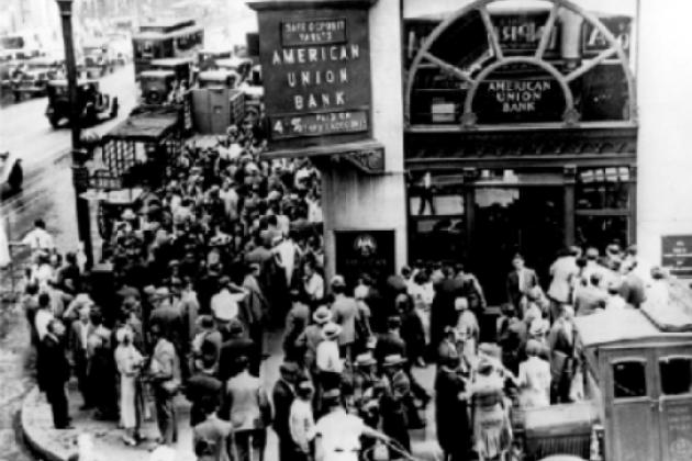 Crowd at New York's American Union Bank during a bank run early in the Great Depression.