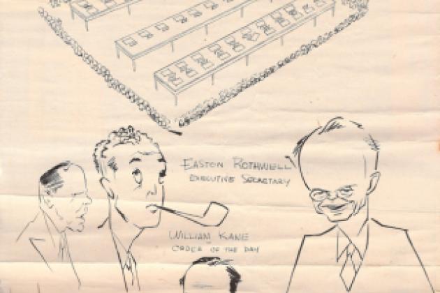 Satirical drawing of the members of the secretariat of the conference; C. Easton Rothwell on the right (Andrew Roy De Metriff Papers, Hoover Institution Archives)