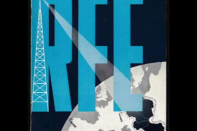 Cover of a booklet produced by Radion Free Europe and showing large RFE letters in blue with a white radio tower over the left side of the R, and broadcasting to eastern europe