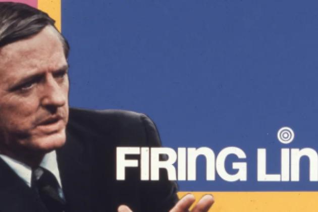 Color promotional image of William F. Buckley Jr. with white text which reads Firing Line