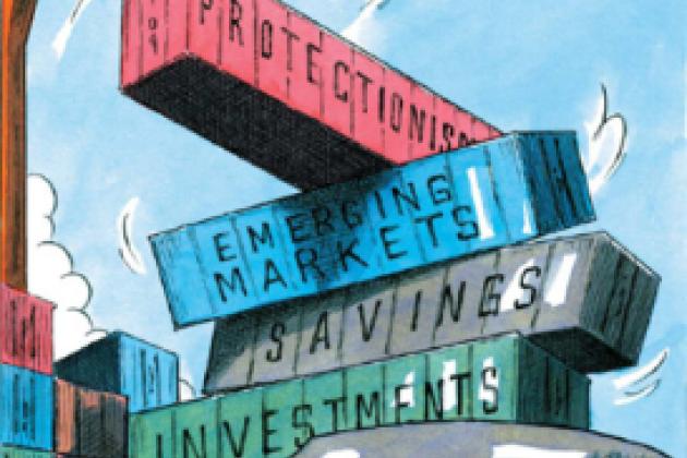 Ship and containers labeled with economic terms