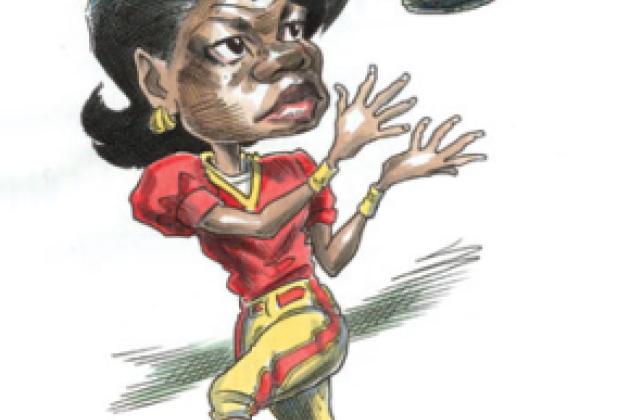 cartoon of Condoleezza Rice catching a political football
