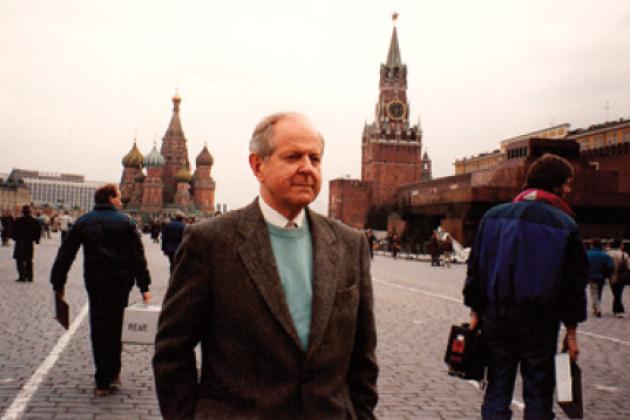 Robert Conquest and a television crew prepare for a scene in the documentary Red Empire