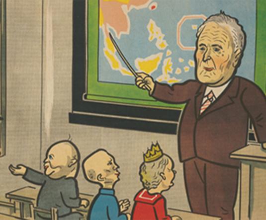 Japanese kamishibai card illustration showing President Roosevelt teaching a class of world leaders using a map of Southeast Asia.