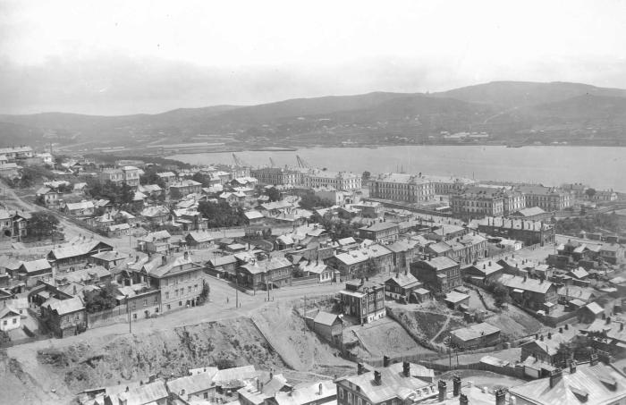 Black and white aerial photo of Vladivostok city in Russia