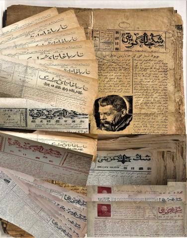 collage of newspaper mastheads Uyghur- and Kazakh-Language
