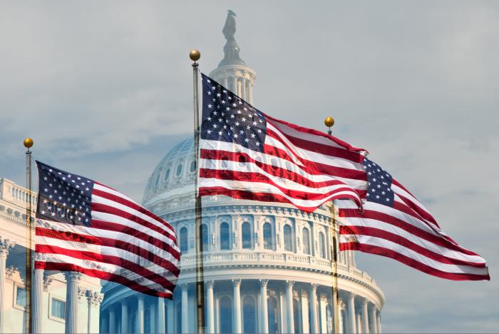 Capitol building with flags
