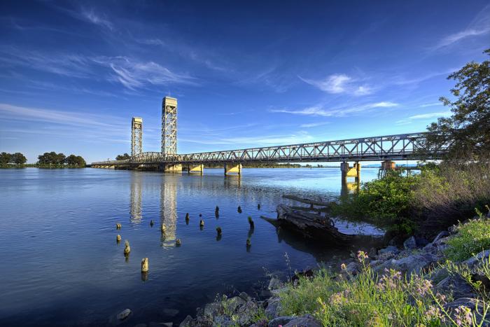 A lift bridge in the delta on a sunny day. Rio Vista, California. USA