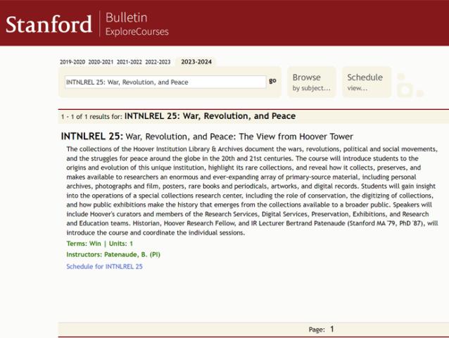 image of Stanford Course catalog featuring INTNLREL 25