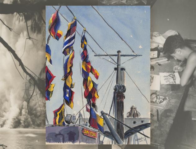 Collage of a watercolor and photographs from the Natale Bellantoni papers 
