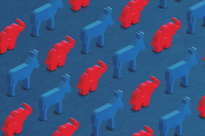 Democratic Blue Donkey and Republican Red Elephant - stock photo
