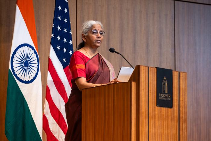 Indian Finance Minister Nirmala Sitharaman speaks about India’s modernization efforts in Hauck Auditorium on April 21, 2025. (Patrick Beaudouin)