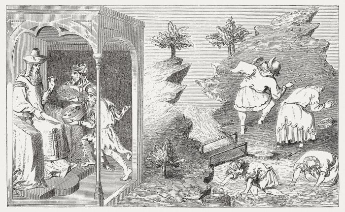 Kublai Khan (1216-1294) and pearl fishers, wood engraving, published in 1888 stock illustration