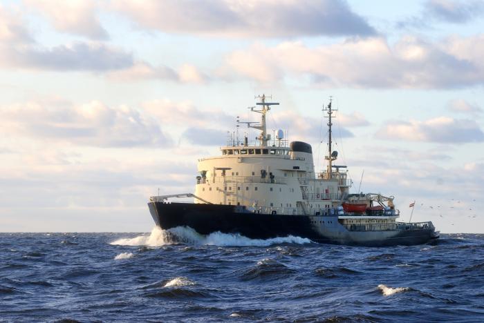 Soviet ice-breaker in open sea - stock photo