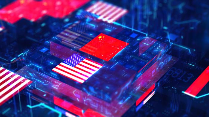 Processor Unit, Chip War. The Chip Crisis, The World's Big Problem. China and usa Flag. stock photo