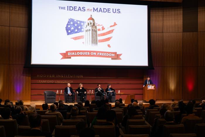 Speakers for Ideas That Made U.S.: Dialogues on Freedom, are seen in Hauck Auditorium on February 11, 2026. (Patrick Beaudouin) 