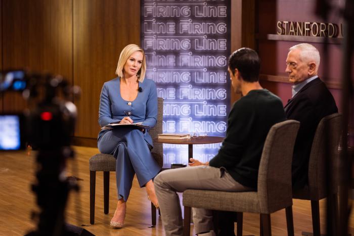 The Firing Line host Margaret Hoover speaks with Distinguished Fellow Jim Mattis and author Ryan Holiday in Hauck Auditorium on March 18, 2026. (Patrick Beaudouin)