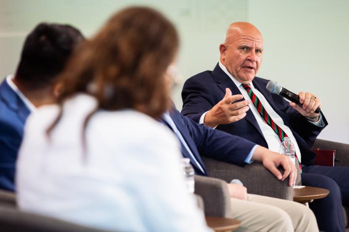 Senior Fellow H.R. McMaster speaks about the war in Afghanistan during a panel discussion on the war in Afghanistan held in Hoover’s Shultz Auditorium on April 9, 2026. (Patrick Beaudouin)