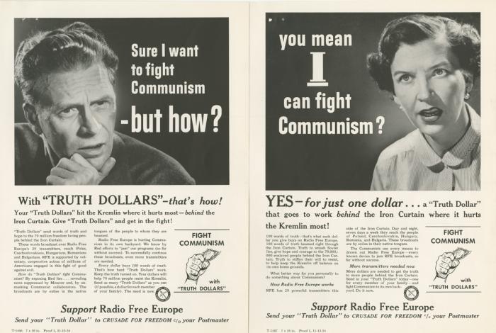 Proofs of advertisements from the Crusade for Freedom Advertising Council&#039;s &quot;Truth Dollar&quot; campaign, 1954  (Radio Free Europe/Radio Liberty, Inc. Corporate Records, Box 2236, Folder 1)