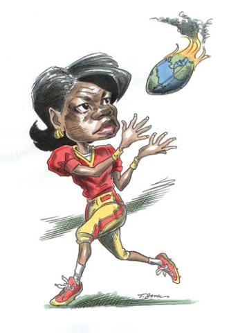 cartoon of Condoleezza Rice catching a political football