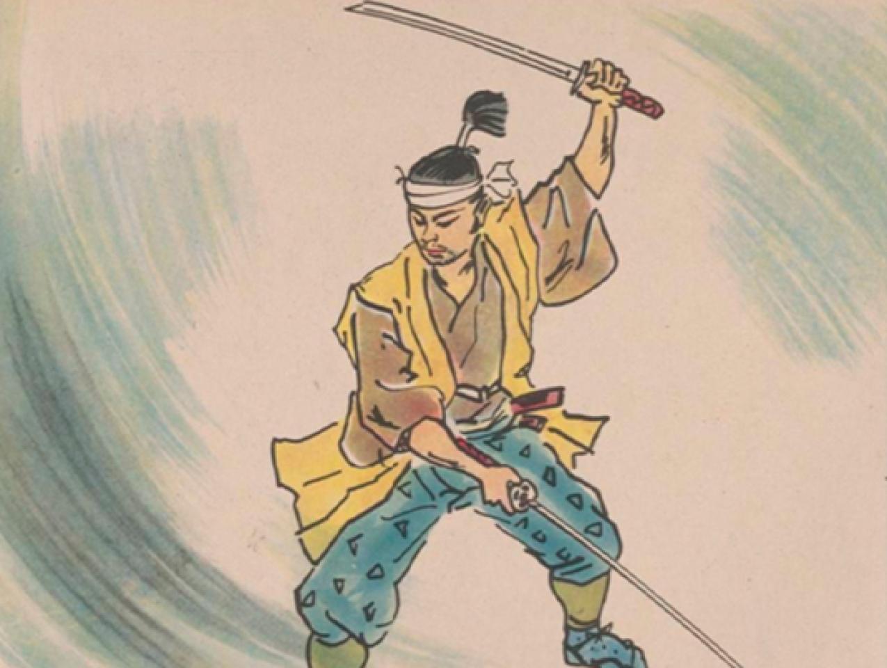 kamishibai card illustration showing a samurai weilding two swords.