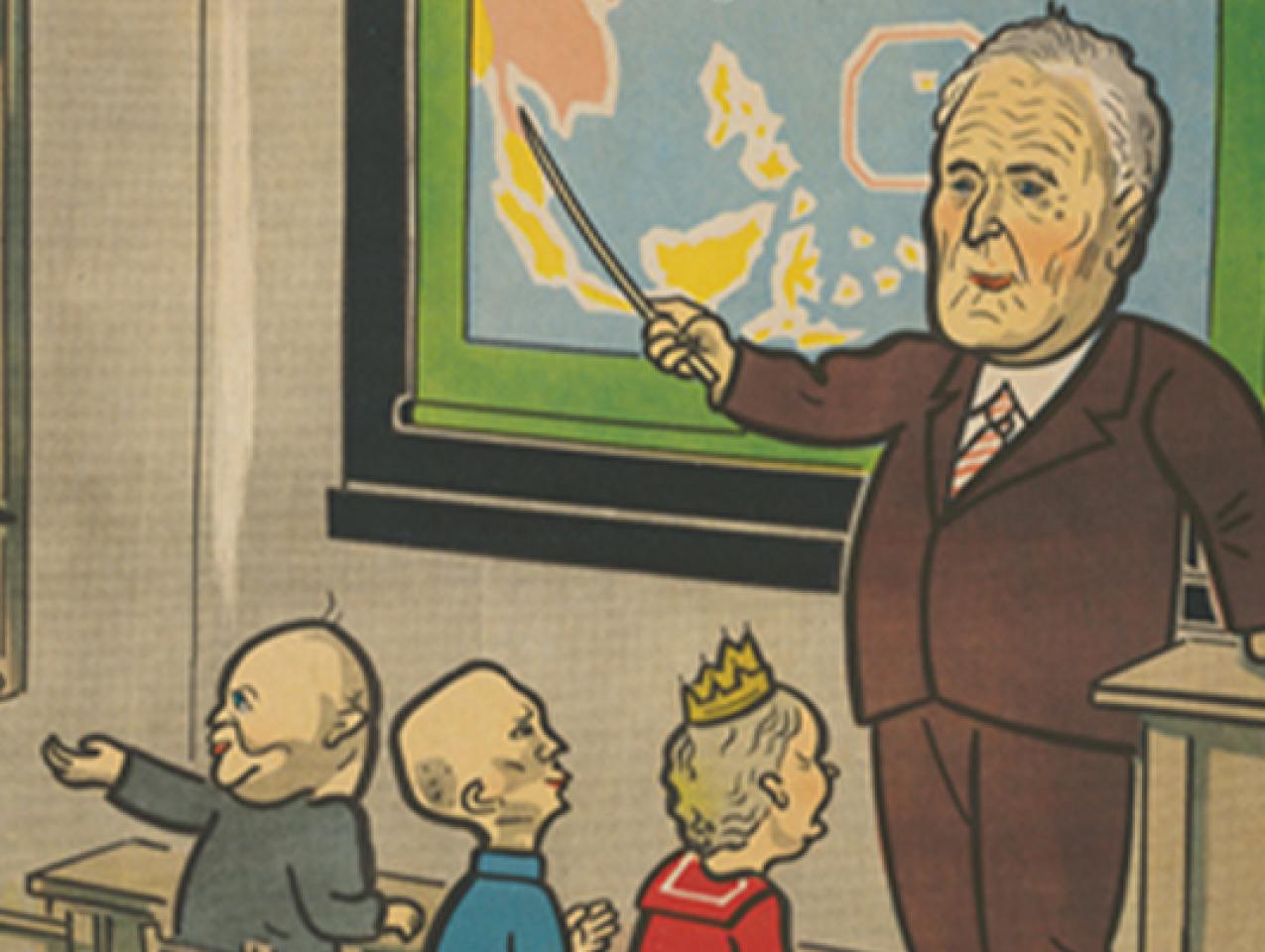 Japanese kamishibai card illustration showing President Roosevelt teaching a class of world leaders using a map of Southeast Asia.